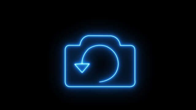 Neon camera icon with a circular arrow indicating refresh or reload, glowing brightly in blue on a black background, perfect for digital interfaces and technology concepts