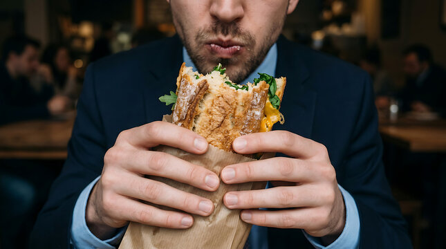 Businessman holding and eating a fresh half-eaten baguette sandwich during lunch break