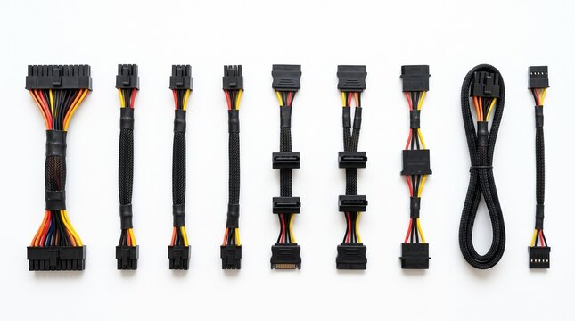 Set of computer power supply connectors and cables isolated on white. Various PC power plugs and adapters for hardware and motherboard assembly.