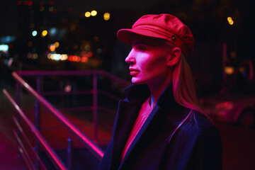 Profile portrait of a young woman wearing a red baker boy hat and dark coat standing outdoors on a city street at night illuminated by pink neon lights © Maksim