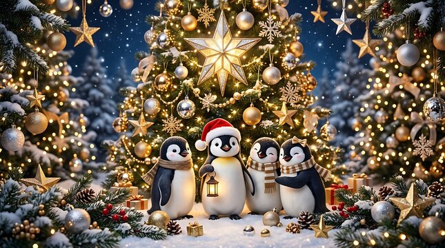 Cute penguins in Santa hats celebrating Christmas.