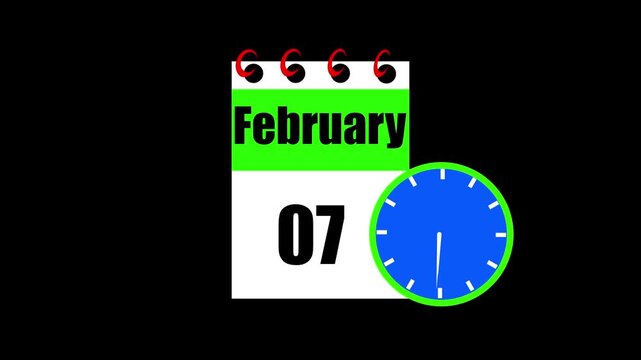 February month 07 date calendar icon animation. Animated Calendar Icon Showing Date Change with Clock Symbol Appointment Scheduling and Deadlines. Modern design calendar symbol background 4k video.