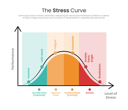 Stress curve infographic with performance and level of stress axis showing inactive ,too much stress and burnout labels flat design