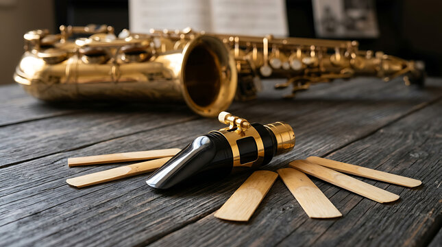 Saxophone mouthpiece with wooden reeds on a rustic wooden table with a saxophone