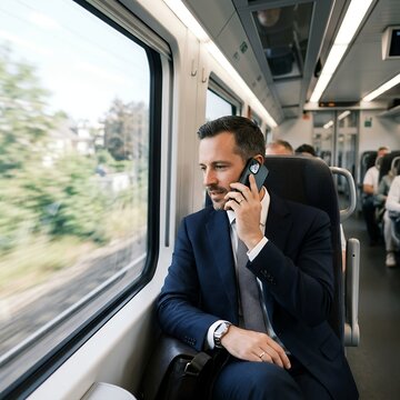 Man in Suit Talking on Phone While Traveling by Train.
