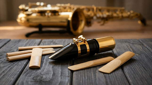 Close-up of Professional Saxophone Mouthpiece and Wooden Reeds on Dark Wood Table