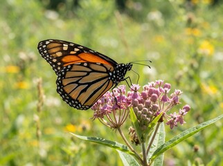 Obraz premium Monarch Butterfly Resting on Pink Milkweed Flower in a Sunny Meadow.