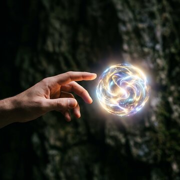 Mystical Energy Orb Held by Hand in Dark Cave.