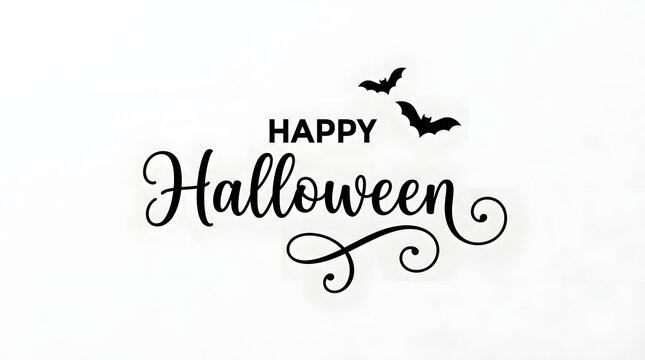 Elegant black calligraphy text design for happy halloween celebration featuring flying bat silhouettes isolated on a clean white background for seasonal holiday greeting card graphics