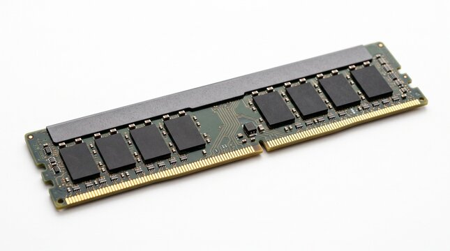 Close-up of DDR4 RAM memory module for desktop PC upgrade. High-performance computer component with gold contacts and black heatsink for gaming rigs.