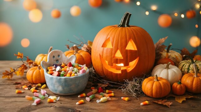 Festive halloween display featuring a carved jack o lantern pumpkin surrounded by colorful candy treats and glowing fairy lights on a rustic wooden table background