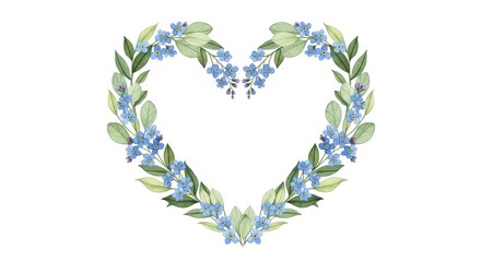 Fototapeta premium Watercolor Heart Wreath with Blue Forget-Me-Not Flowers and Green Leaves Isolated on White Background for Wedding Invitation