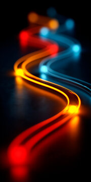 Glowing red yellow and blue path with checkpoints for business roadmap and project milestones