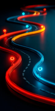 Abstract digital planning path with colorful glowing checkpoints representing corporate roadmap