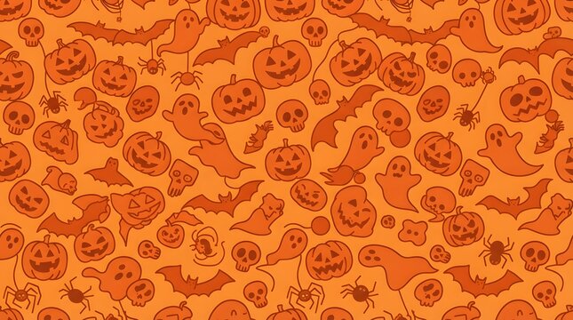 Seamless pattern background featuring cute cartoon style pumpkins bats and ghosts for festive halloween holiday decorations and creative digital scrapbooking or textile design projects today