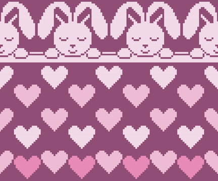 Seamless horizontal geometric pattern featuring rabbits and hearts; designed for backgrounds, decoration, fabrics, and clothing.