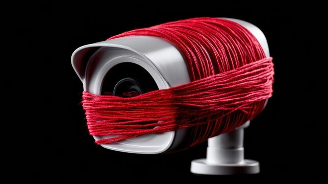 A white security camera is tightly wrapped in red thread, set against a dark background with no text.