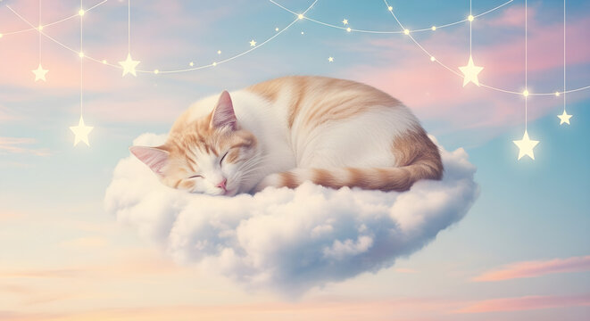 Cute ginger cat sleeping peacefully on a fluffy cloud with magical star lights and a pastel sky background