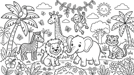 Obraz premium Vector illustration of cute tropical jungle animals in a wild habitat for kids coloring page with elephant tropical coloring activity illustration childish creative creature adventure