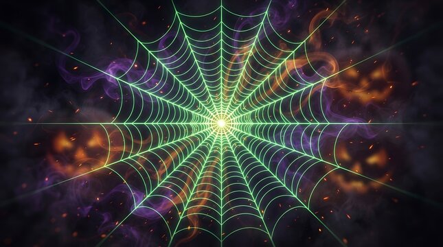 Abstract digital art tunnel featuring glowing neon spider webs and spooky carved pumpkin faces for a modern and vibrant halloween celebration background or festive wallpaper