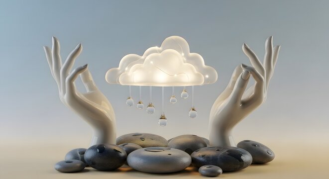 Hands arising from smooth pebbles holding a glowing crystal cloud with falling rain droplets