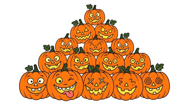 A large pyramid stack of carved orange pumpkins with various funny and spooky faces isolated on a white background for a festive halloween holiday celebration