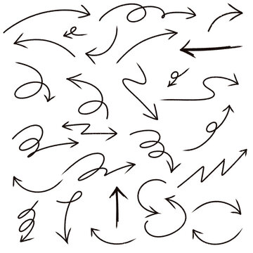 Collection of hand drawn doodle arrows and curved directional lines in various styles, isolated on a transparent background.