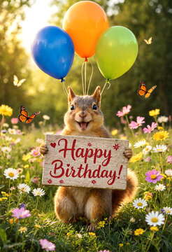 Cute smiling squirrel holding happy birthday sign with colorful balloons in flower field scene