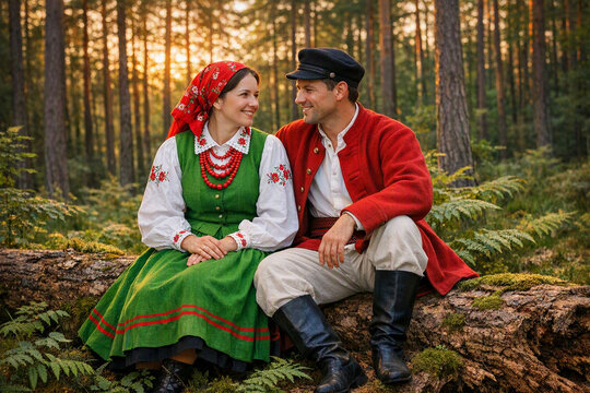 Str&oacute;j kurpiowski Mazowsze Kurpie Couple in Folk costumes Sitting on Log in Polish  Forest. Puszcza Zielona.