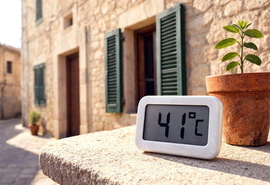 Digital thermometer showing high summer temperature outdoors near rustic stone building with potted plants