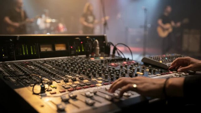 Audio mixing professional adjusting sound levels for a live music program foreground sharp on controls background with outoffocus instruments.