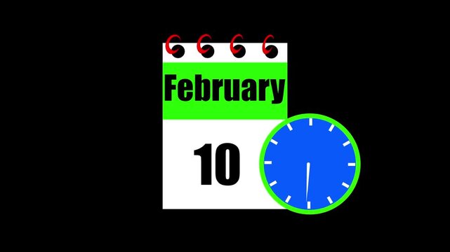 February month 10 date calendar icon animation. Animated Calendar Icon Showing Date Change with Clock Symbol Appointment Scheduling and Deadlines. Modern design calendar symbol background 4k video.