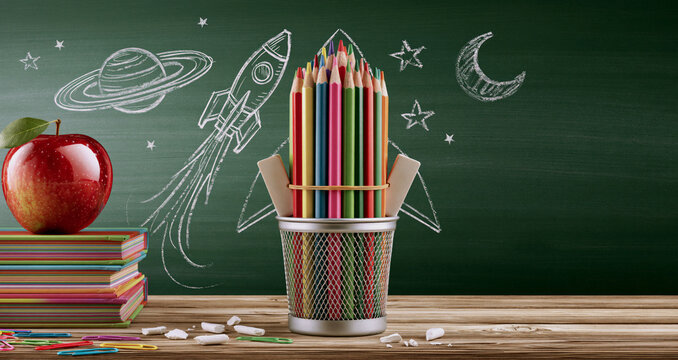  back-to-school campaign on a wooden desk with a green chalkboard background.