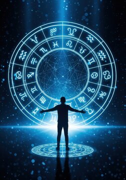 Man Silhouette Standing Before Glowing Blue Zodiac Wheel in Cosmic Space, Astrology and Horoscope Concept Illustration