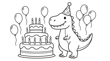 Naklejka premium Cute cartoon dinosaur with birthday party hat standing next to tiered cake candles.
