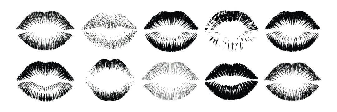 Lipstick kiss mark vector set with black and white grunge lip imprints isolated on transparent background for beauty, fashion and cosmetic design