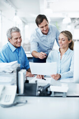 Fototapeta premium Report, documents and meeting with business people in office for team, audit and budget feedback. Account portfolio, collaboration and update with employees in financial firm for risk management