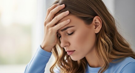 Fototapeta premium Young Woman Suffering from Severe Headache or Migraine, Touching Her Forehead with Eyes Closed in Distress and Pain