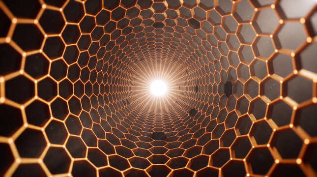 Golden hexagonal tunnel converging toward a glowing light source