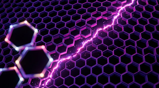 Electric bolt crackling across a purple hexagonal metal lattice