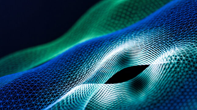 Blue and green wireframe waves parting around a glowing eye-shaped gap