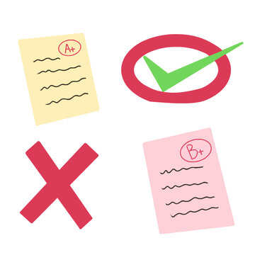 school exam paper and grade icon set illustration with A plus B plus paper check mark and cross mark on bundle set

