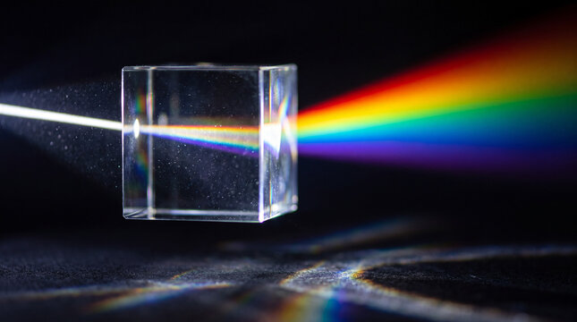 Glass prism splitting a beam of light into a rainbow spectrum