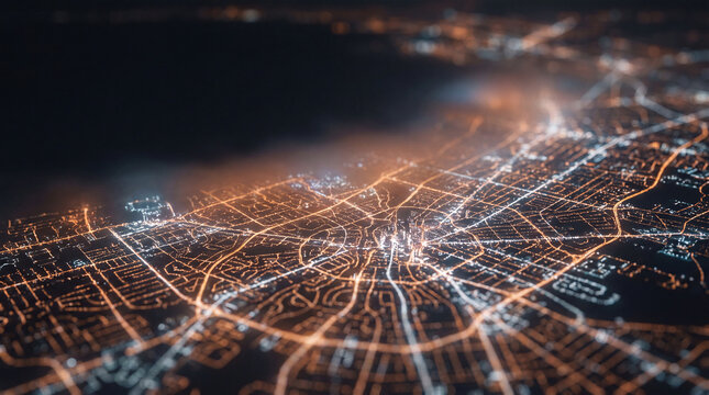 Aerial view of glowing city streets mapped out at night