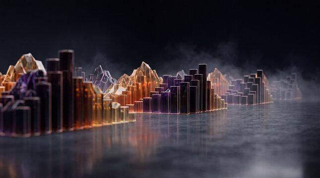 Crystal city skyline of glass towers and glowing mountain peaks