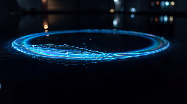 Glowing blue ring rippling across a dark reflective night surface