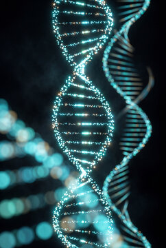 Luminous teal DNA helix strand built from countless light particles