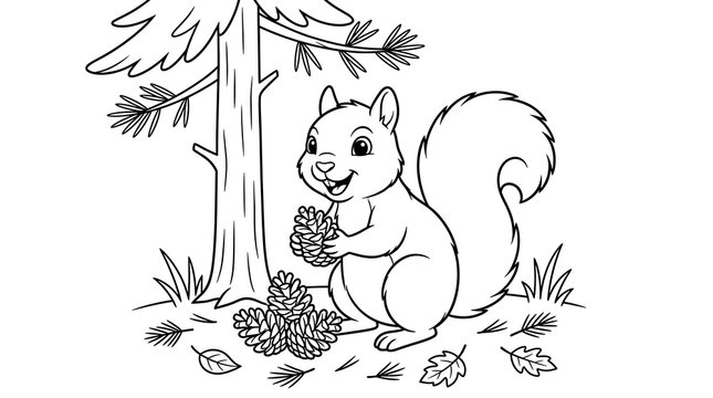 Cute cartoon squirrel holding pine cones by a tree in a forest outdoor nature scene.