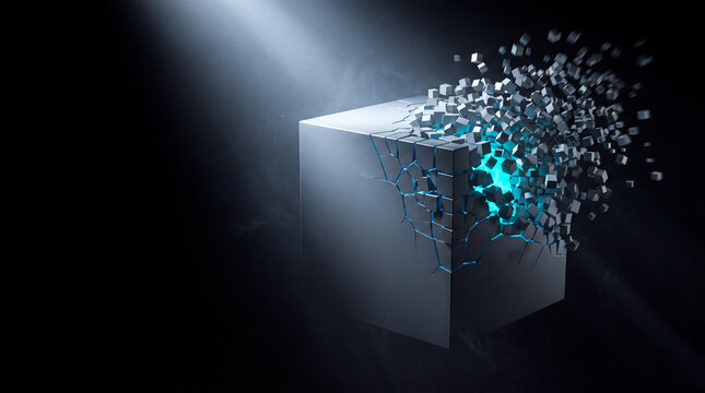 Gray cube shattering to reveal a glowing blue energy core
