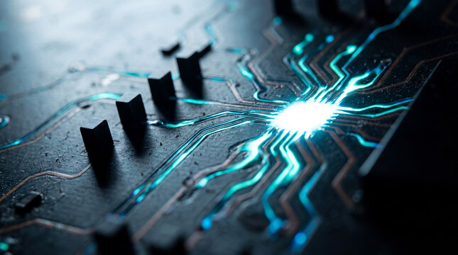 Circuit board glowing with electric current flowing toward a chip